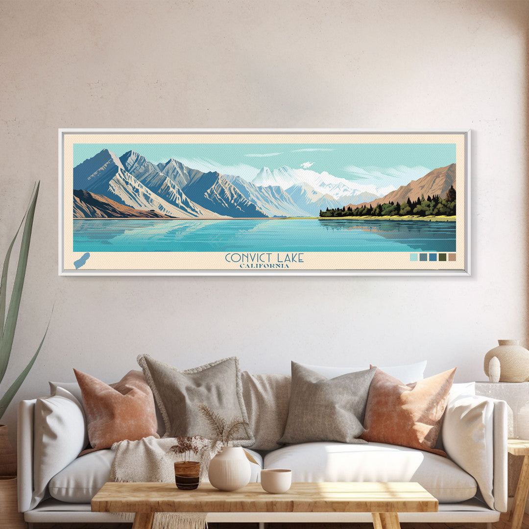 Convict Lake California Framed Canvas Print, Midcentury Modern Panoramic Wall Art, Living Room Decor, Pop Art, Travel Poster Art, Nature Art, Lake House Decor