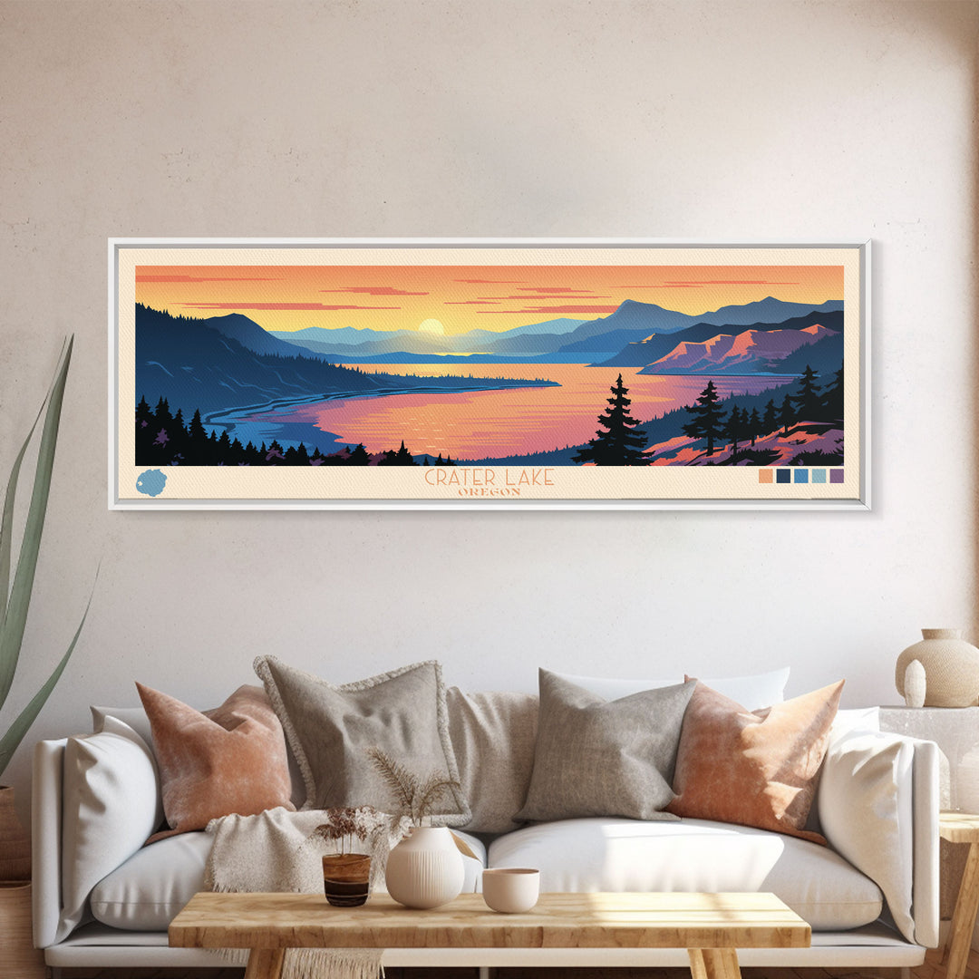 Crater Lake Oregon Framed Canvas Print, Pop Art Panoramic Travel Poster, Midcentury Modern, Wall Art, Scenic Nature Painting, Bedroom Decor, Living Room Art