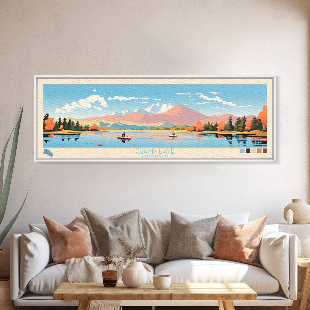 Grand Lake Colorado Framed Canvas Print, Panoramic Wall Art, Midcentury Modern, Pop Art, Living Room Decor, Travel Poster, Nature Art, Home Decor