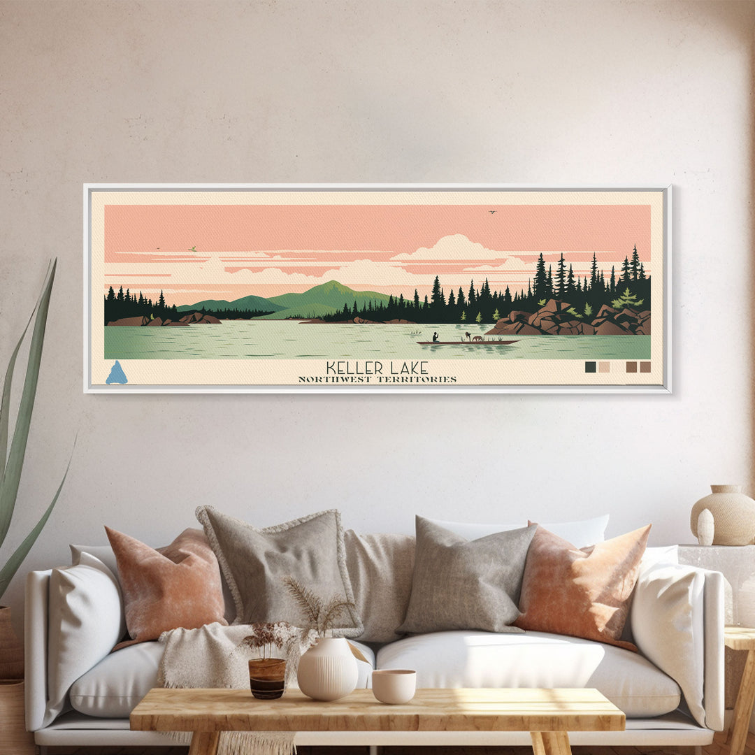 Keller Lake Northwest Territories Framed Canvas Print, Panoramic Art, Midcentury Modern, Pop Art, Living Room Wall Art, Travel Poster, Lake House Art