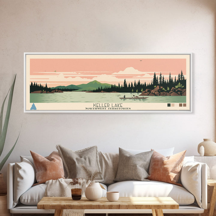 Keller Lake Northwest Territories Framed Canvas Print, Panoramic Art, Midcentury Modern, Pop Art, Living Room Wall Art, Travel Poster, Lake House Art
