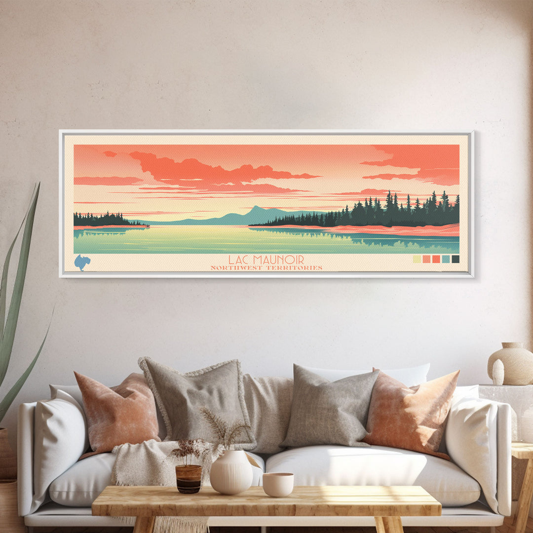 Lac Maunoir Northwest Territories Framed Canvas Print, Panoramic Art, Midcentury Modern, Pop Art, Living Room Wall Art, Travel Poster, Lake House Decor