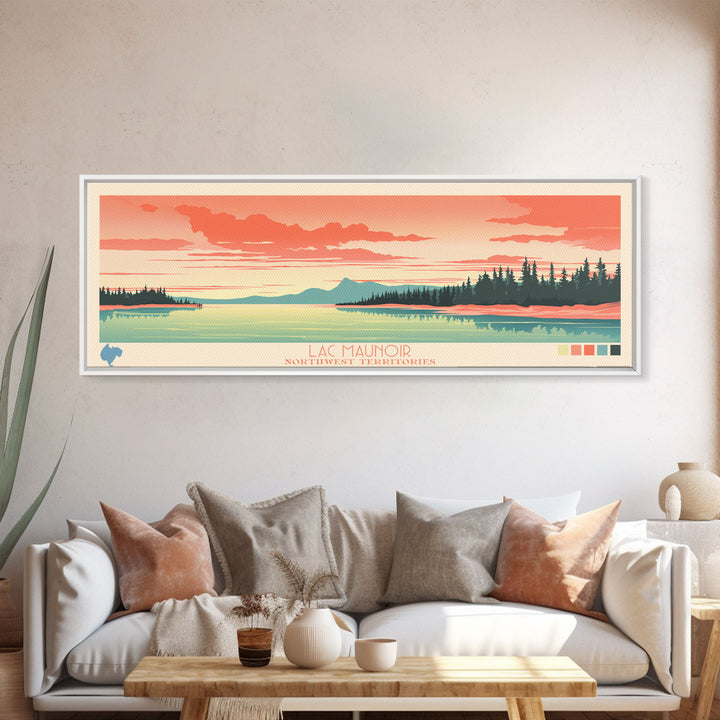 Lac Maunoir Northwest Territories Framed Canvas Print, Panoramic Art, Midcentury Modern, Pop Art, Living Room Wall Art, Travel Poster, Lake House Decor