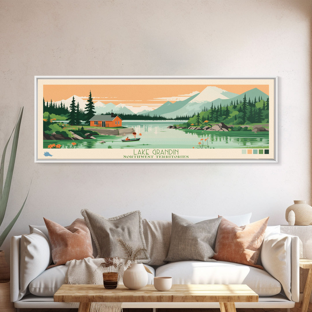 Lake Grandin Northwest Territories Framed Canvas Print, Panoramic Art, Midcentury Modern, Pop Art, Living Room Wall Art, Travel Poster, Lake House Decor