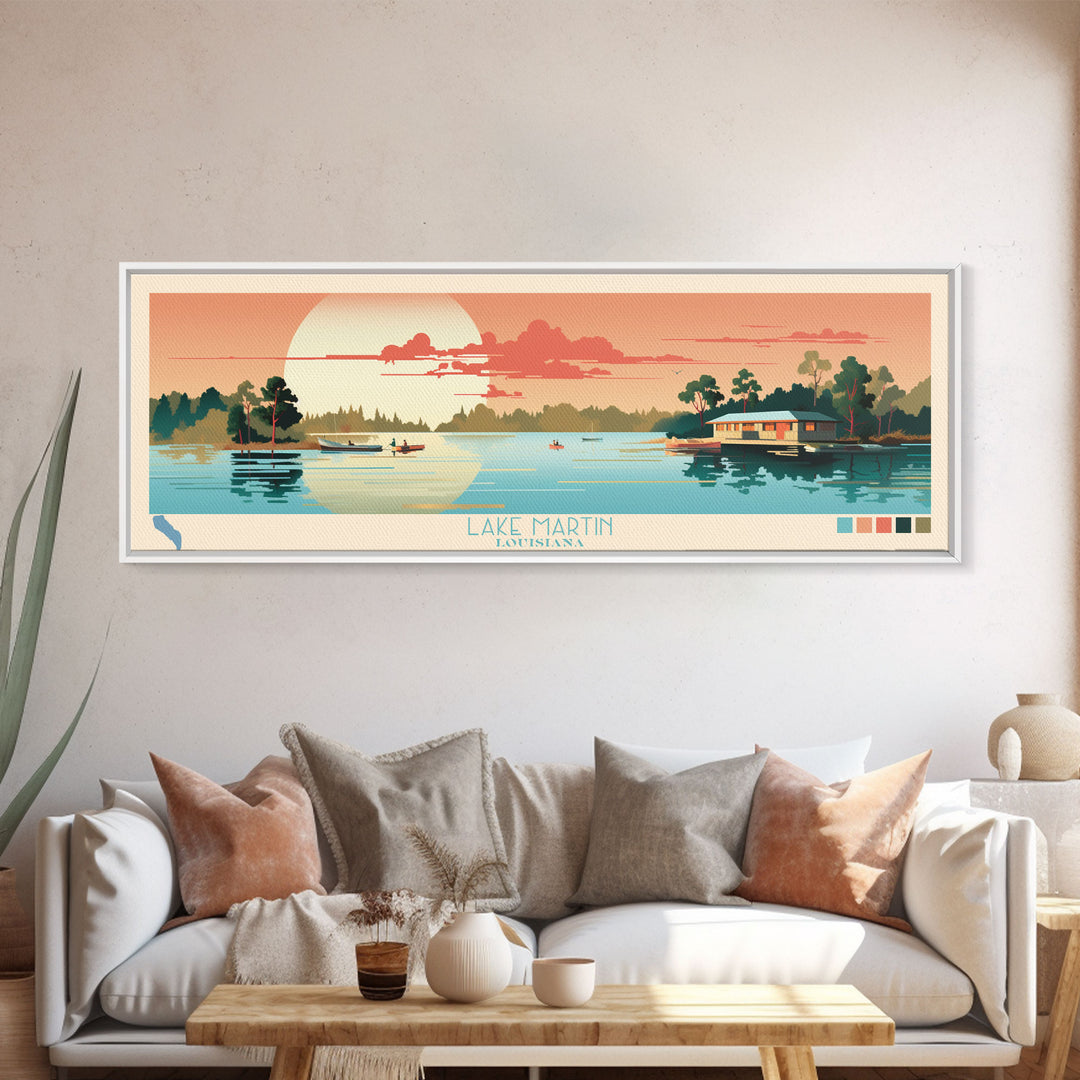 Lake Martin Louisiana Framed Canvas Print, Panoramic Wall Art, Midcentury Modern, Pop Art, Bedroom Art, Travel Poster, Lake House Decor