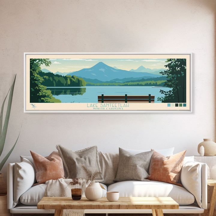 Lake Santeetlah North Carolina Framed Canvas Print, Panoramic Wall Art, Midcentury Modern, Pop Art, Living Room Decor, Travel Poster, Lake House Art