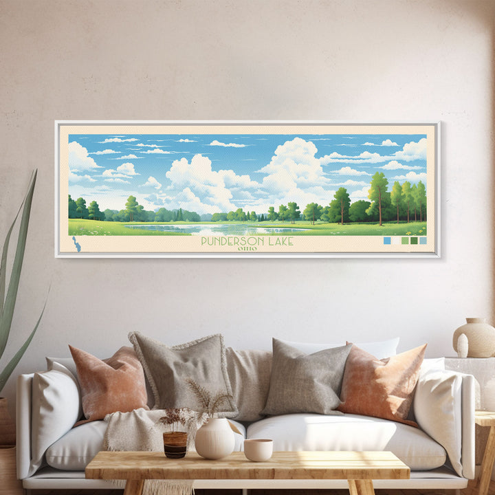 Punderson Lake, Ohio Framed Canvas Print, Living Room Art, Midcentury Modern, Pop Art, Panoramic Wall Art, Travel Poster