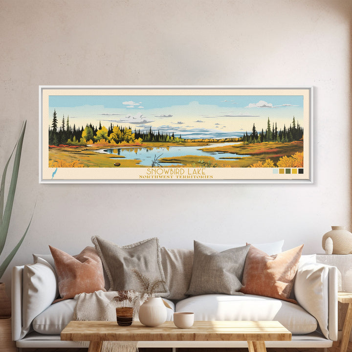 Snowbird Lake, Northwest Framed Canvas Print, Lake House Decor, Midcentury Modern Art, Pop Art, Travel Poster, Bedroom Wall Art
