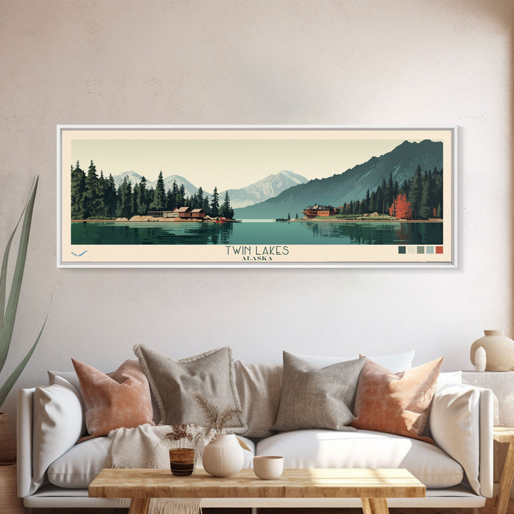 Twin Lakes, Alaska Framed Canvas Print, Lake House Art, Midcentury Modern Decor, Pop Art, Travel Poster, Bedroom Wall Art