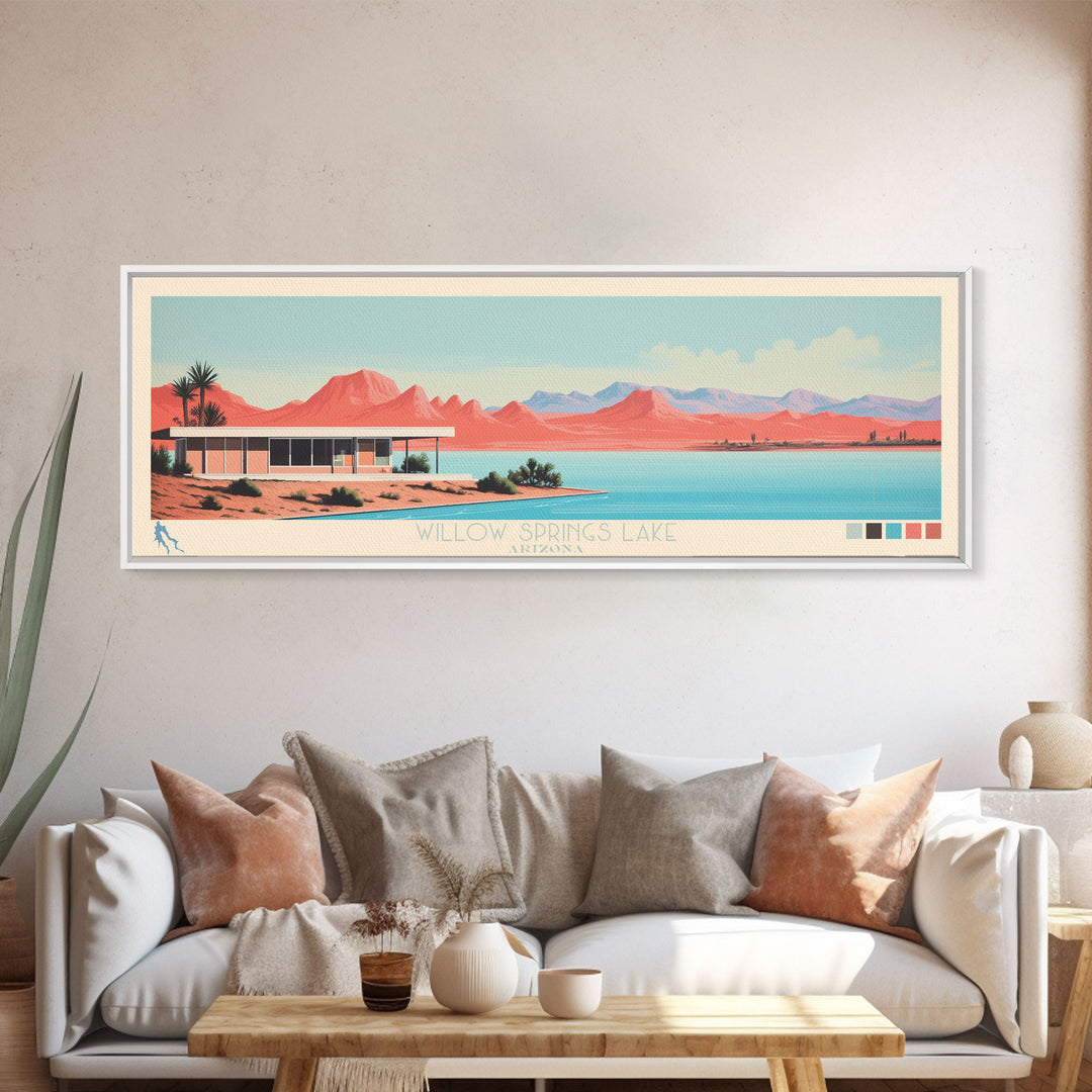 Willow Springs Lake, Arizona Panoramic Framed Canvas Print, Lake House Decor, Midcentury Modern Art, Pop Art, Travel Poster