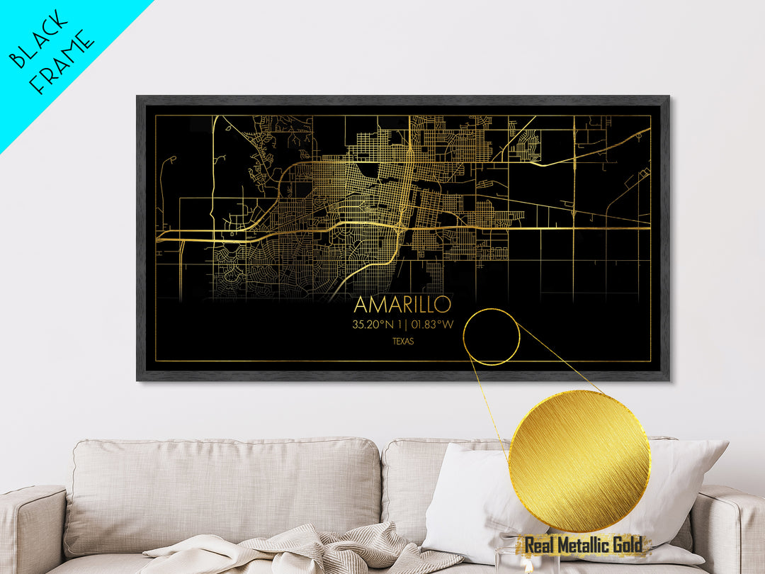 Amarillo Texas City street map, Metallic Gold Print, Metal Art, wood framed map, black and gold, Street Map Art, Minimalist Wall Art, Modern House Art