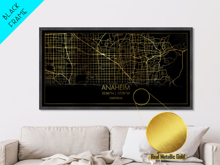 Anaheim California City Poster, Metallic Gold Art, Metal Art, real wood frames, black and gold, Map Print Poster, Street Map Art, Housewarming Gift