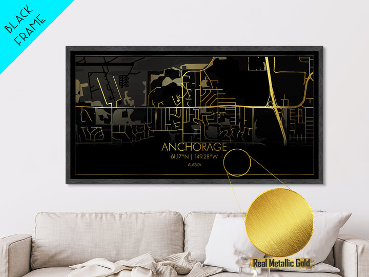 Anchorage Alaska City street map, Metallic Gold Print, Metal Art, wood framed map, black and gold, Street Map Wall Art, Best Friend Gifts, Modern Wall Art
