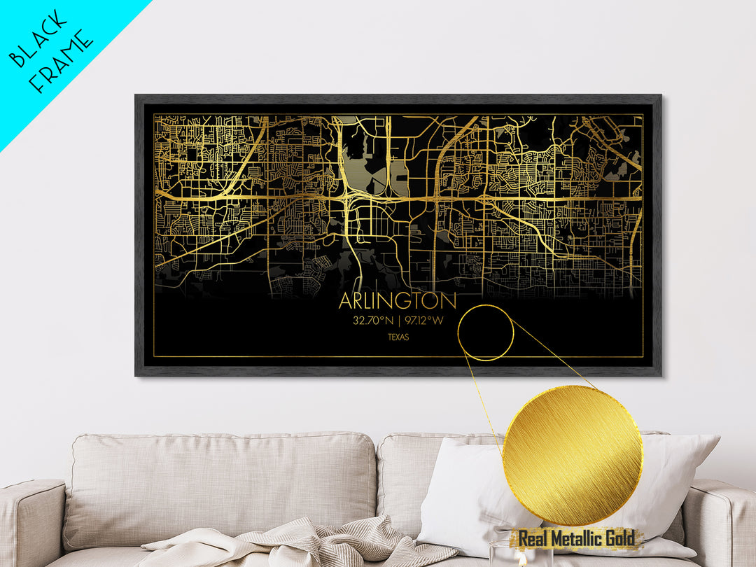Arlington Texas City Poster, Metallic Gold Art, Metal Art, real wood frames, black and gold, Street Map Art, College Dorm Décor, Wall Art, Map Art