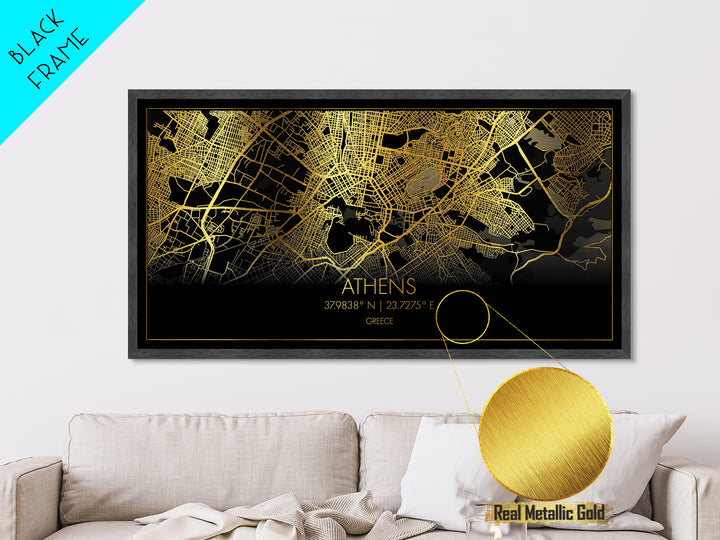 Athens Greece City street map, Metallic Gold Print, Metal Art, wood framed map, black and gold, Street Map Art, Housewarming Gift, Travel Poster