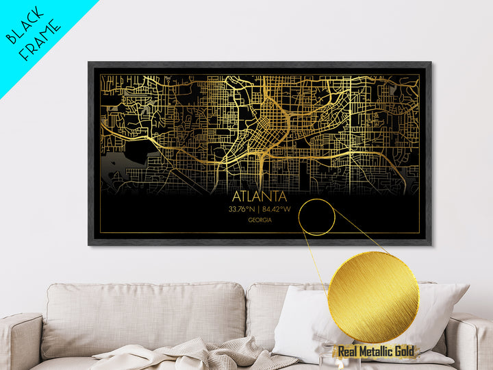 Atlanta Georgia City Poster, Metallic Gold Art, Metal Art, real wood frames, black and gold, Street Map Wall Art, Office Decor, Real Wood Frames