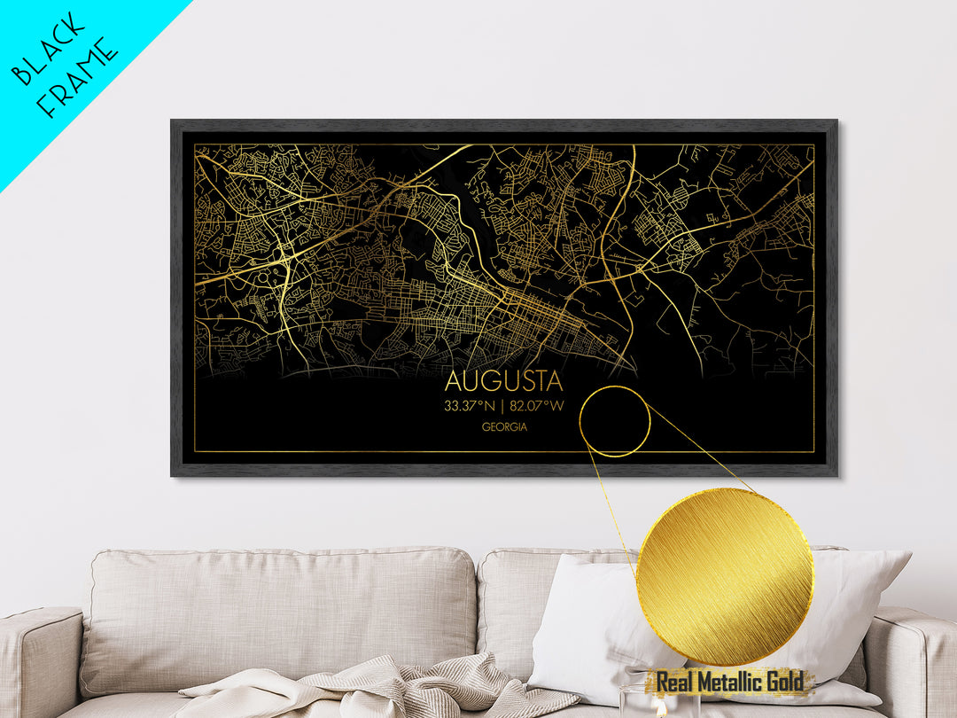 Augusta Georgia City street map, Metallic Gold Print, Metal Art, wood framed map, black and gold, Street Map Art, Gold Street Map Art, Travel Poster