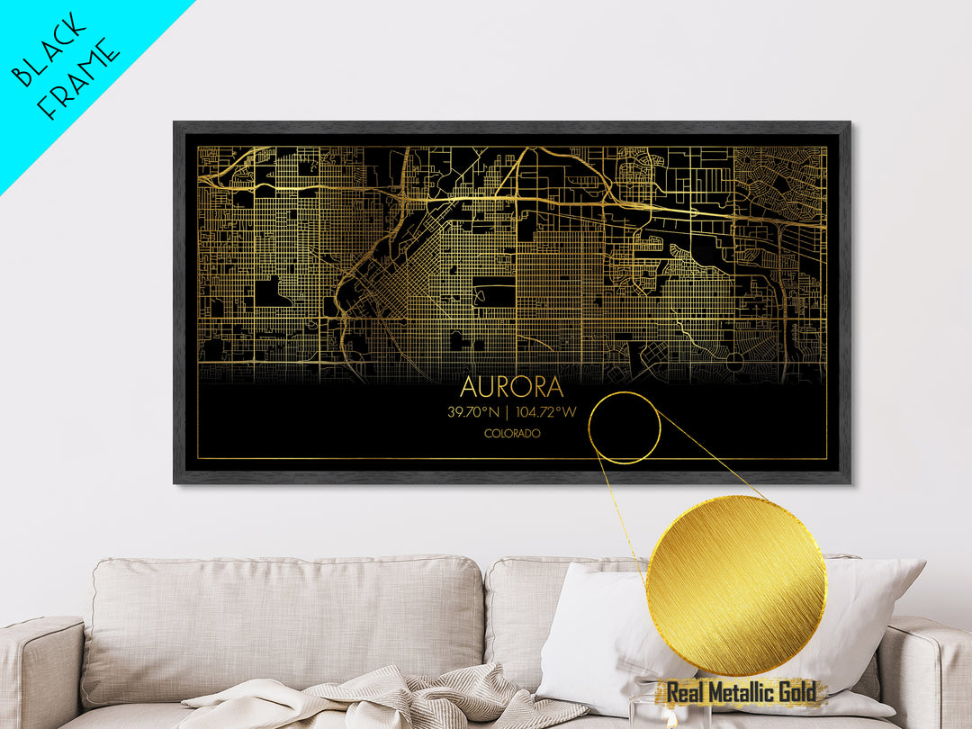 Aurora Colorado City Poster, Metallic Gold Art, Metal Art, real wood frames, black and gold, Street Map Art, Travel Poster, Gold Street Map Art