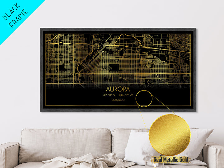 Aurora Colorado City Poster, Metallic Gold Art, Metal Art, real wood frames, black and gold, Street Map Art, Travel Poster, Gold Street Map Art
