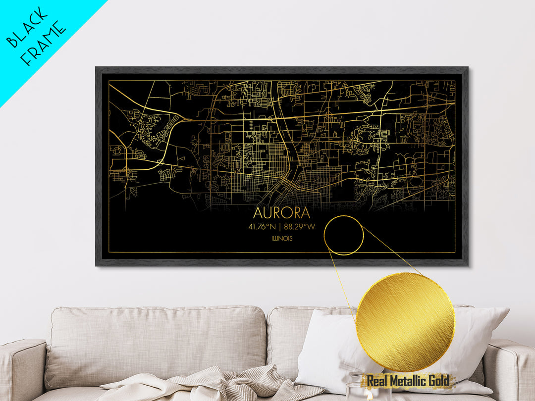 Aurora Illinois City street map, Metallic Gold Print, Metal Art, wood framed map, black and gold, Street Map Art, Map Print Poster, Housewarming Gift