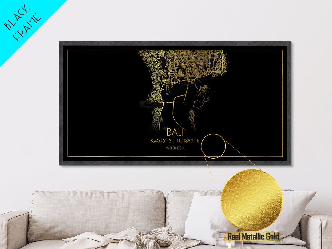 Bali Indonesia City Poster, Metallic Gold Art, Metal Art, real wood frames, black and gold, Travel Poster, Street Map Art, Gold Street Map Art