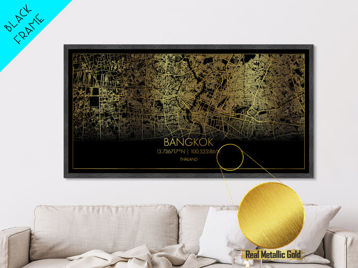 Bangkok Thailand City Poster, Metallic Gold Art, Metal Art, real wood frames, black and gold, Street Map Wall Art, Travel Poster, College Dorm Décor