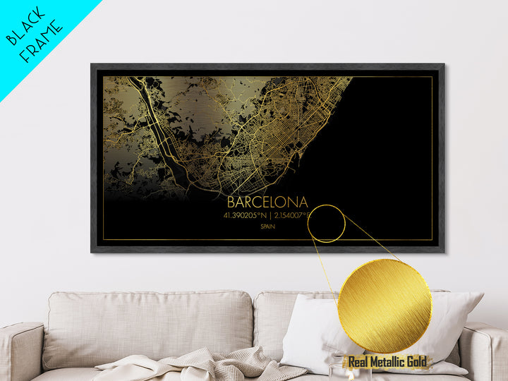 Barcelona Spain City street map, Metallic Gold Print, Metal Art, wood framed map, black and gold, Gold Street Map Art, Street Map Art, Modern House Art