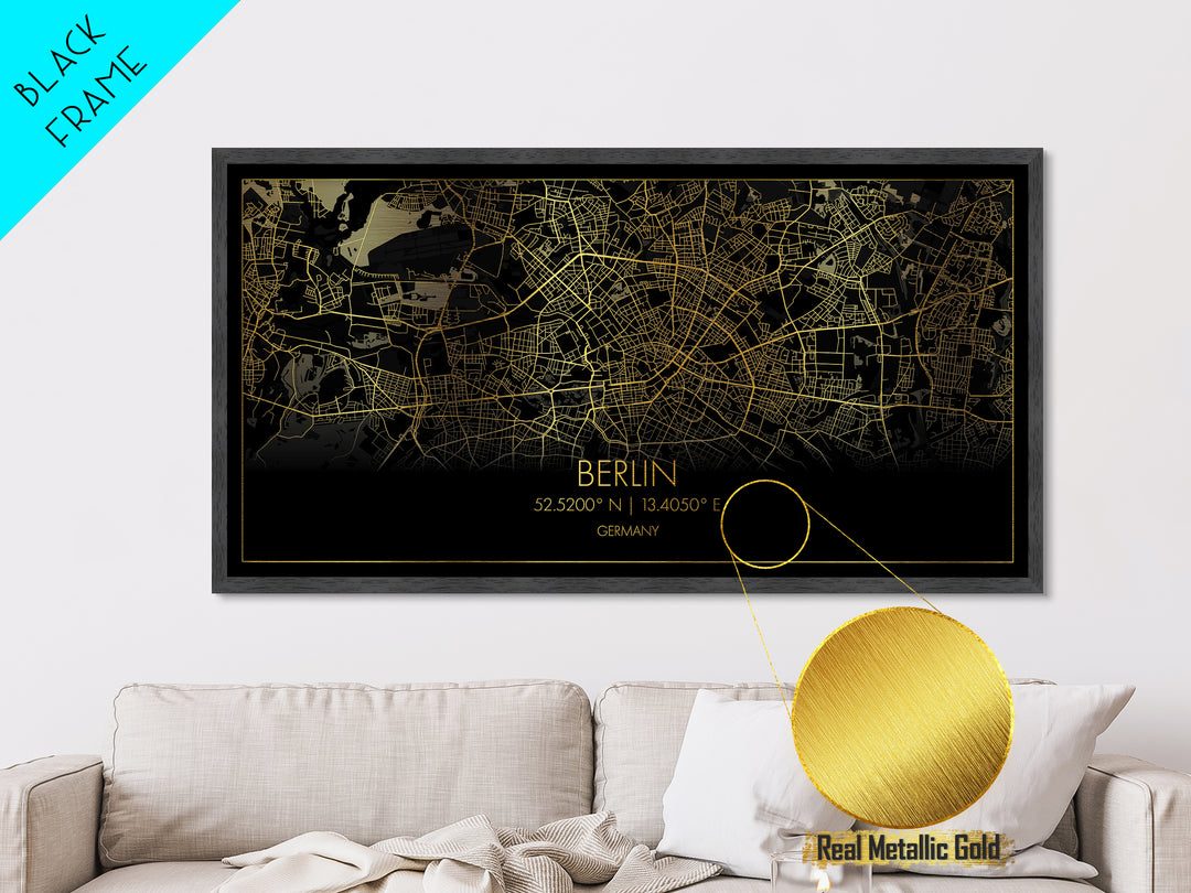 Berlin Germany City Poster, Metallic Gold Art, Metal Art, real wood frames, black and gold, Street Map Wall Art, Map Art, Real Wood Frames