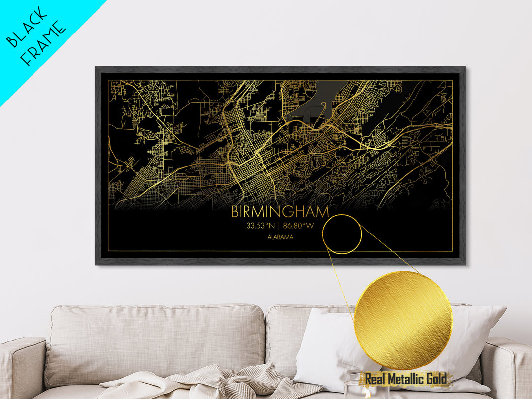 Birmingham Alabama City street map, Metallic Gold Print, Metal Art, wood framed map, black and gold, Travel Poster, Street Map Art, Housewarming Gift