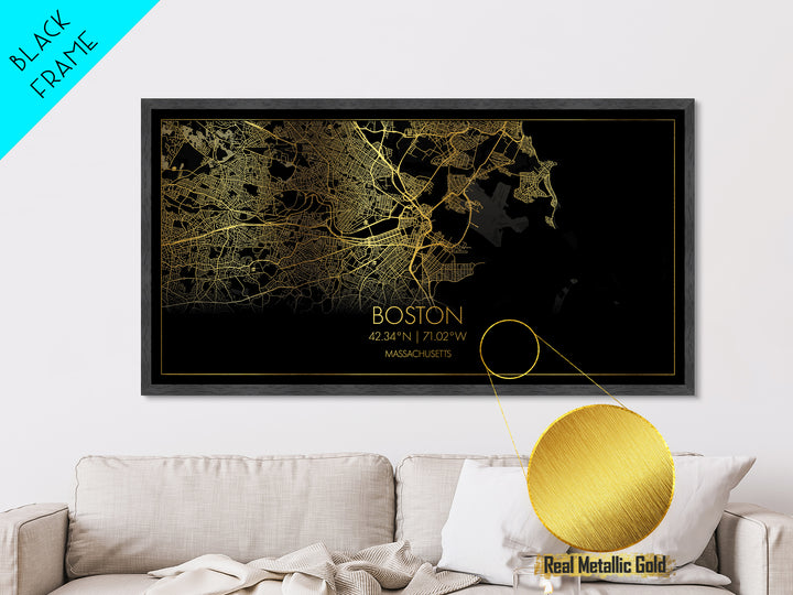 Boston Massachusetts City Poster, Metallic Gold Art, Metal Art, real wood frames, black and gold, Street Map Art, Modern Wall Art