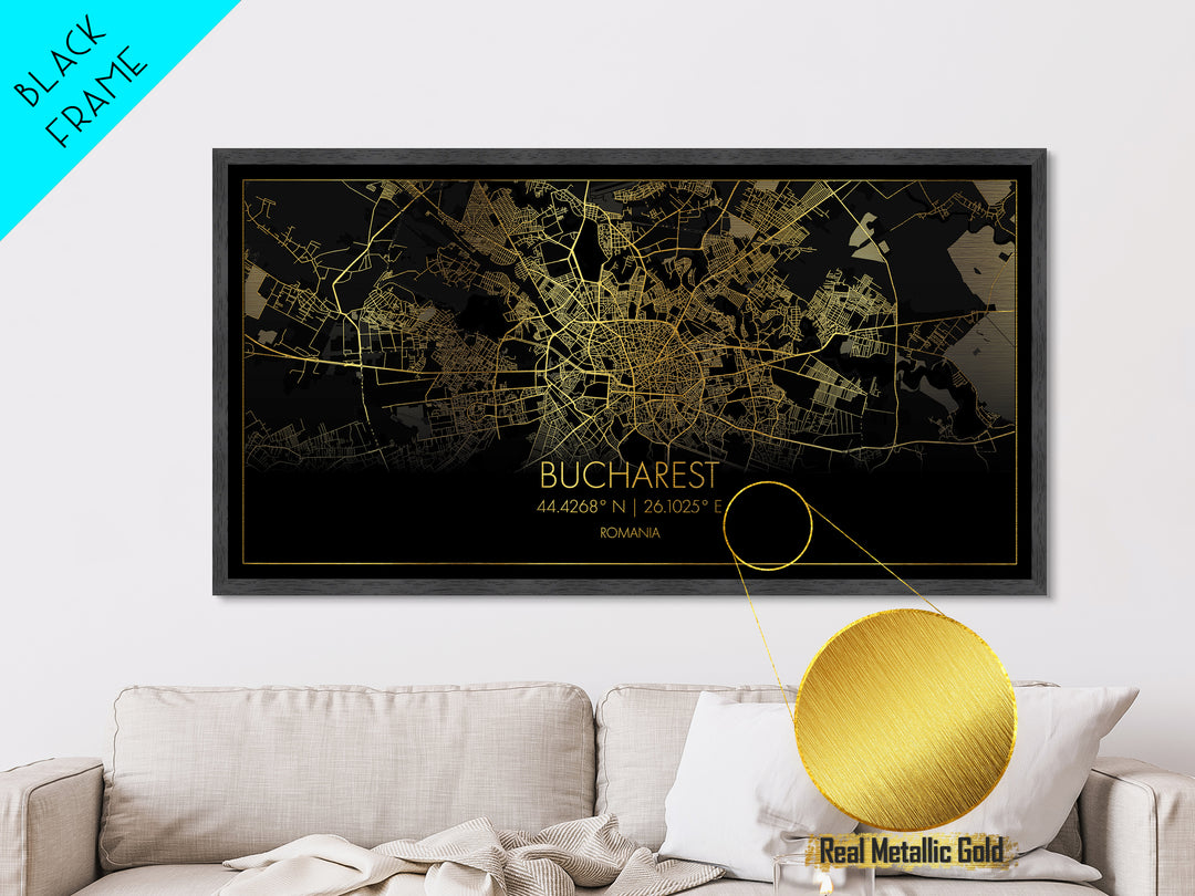 Bucharest Romania City street map, Metallic Gold Print, Metal Art, wood framed map, black and gold, Map Art, Street Map Art, Travel Poster