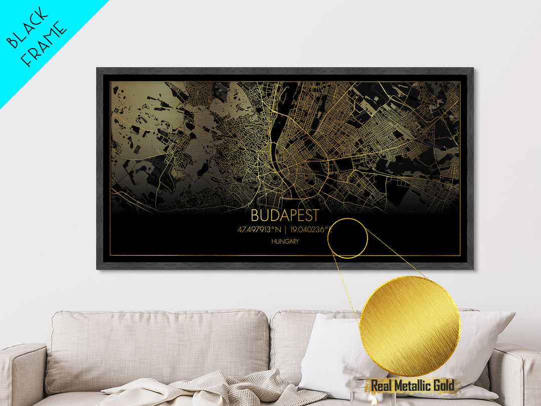 Budapest Hungary City Poster, Metallic Gold Art, Metal Art, real wood frames, black and gold, Street Map Wall Art, Real Wood Frames, Housewarming Gift