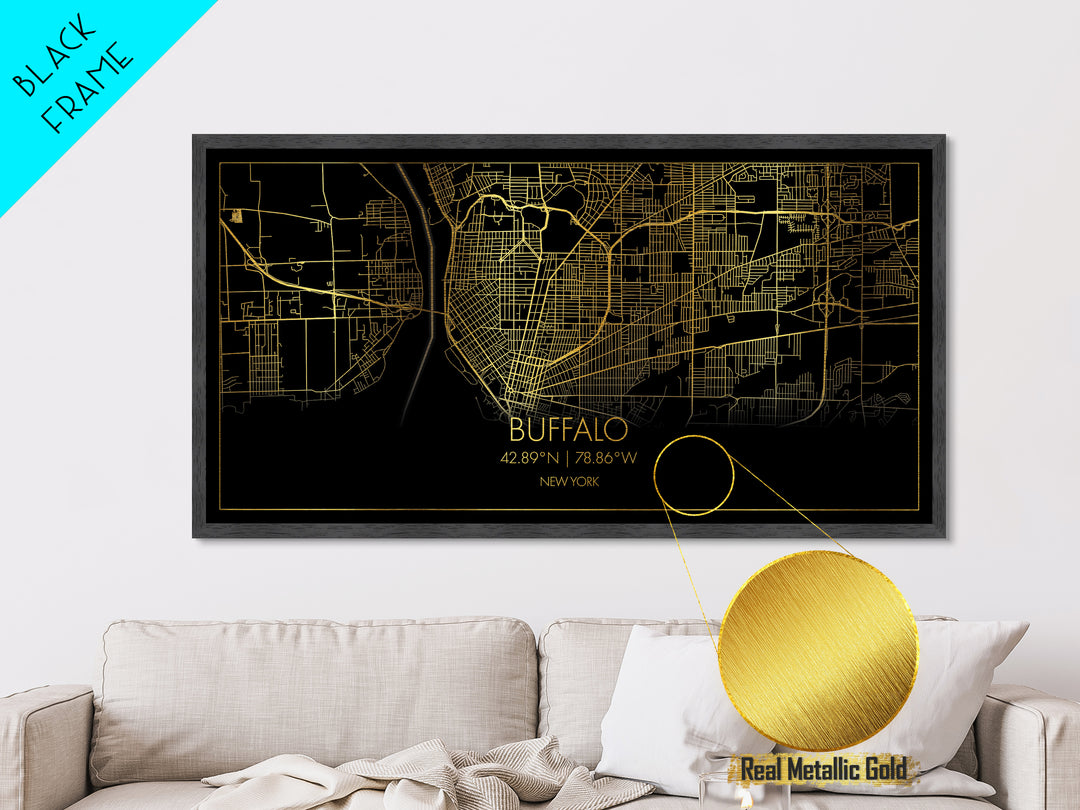 Buffalo New York City street map, Metallic Gold Print, Metal Art, wood framed map, black and gold, Street Map Art, Gold Street Map Art, Modern Wall Art