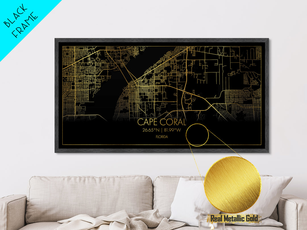 Cape Coral Florida City Poster, Metallic Gold Art, Metal Art, real wood frames, black and gold, Street Map Art, Map Print Poster, Travel Poster