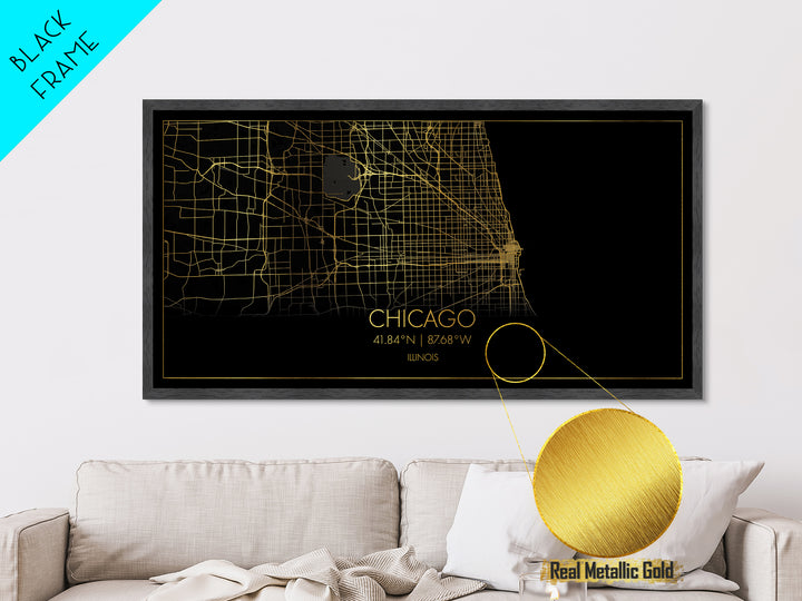 Chicago Illinois City street map, Metallic Gold Print, Metal Art, wood framed map, black and gold, Street Map Wall Art, College Dorm Décor