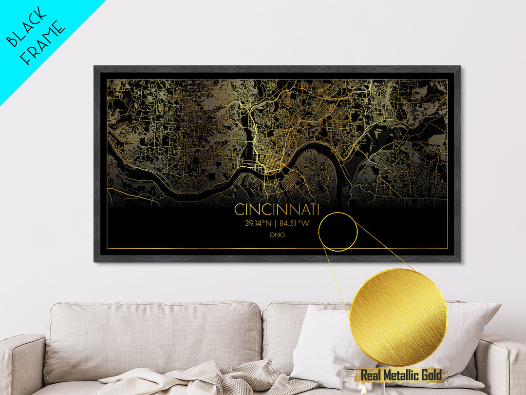 Cincinnati Ohio City street map, Metallic Gold Print, Metal Art, wood framed map, black and gold, Gold Street Map Art, Street Map Art, Best Friend Gifts