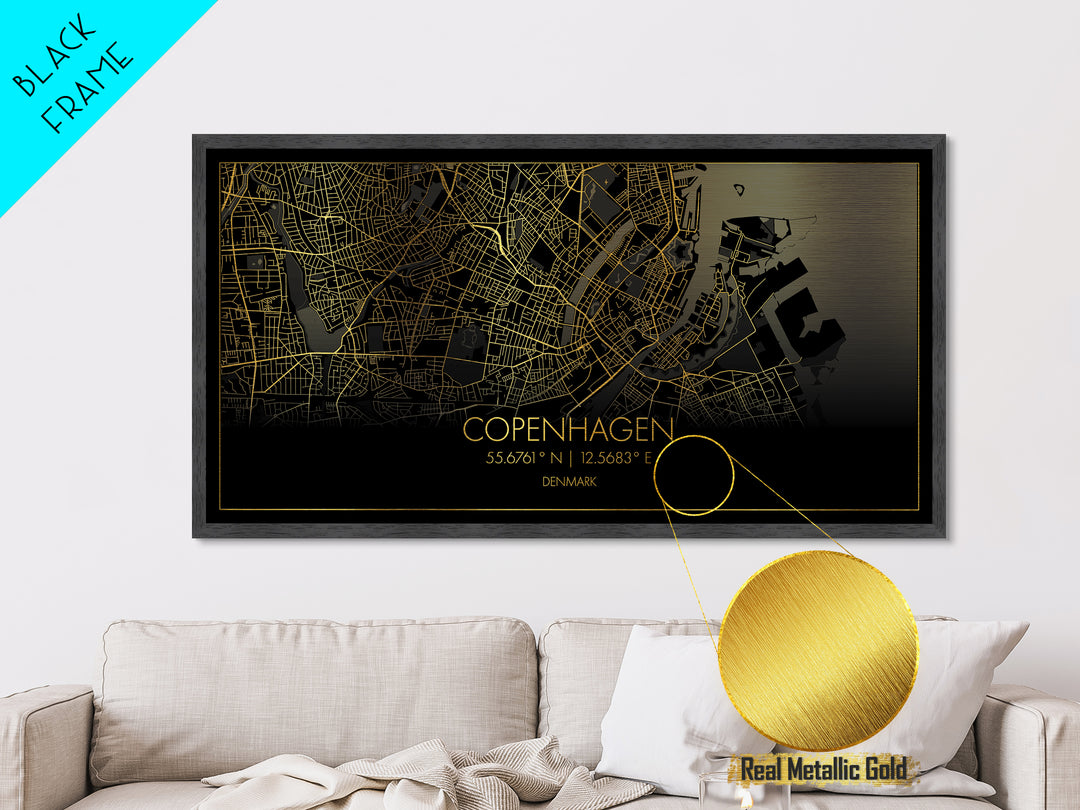 Copenhagen Denmark City street map, Metallic Gold Print, Metal Art, wood framed map, black and gold, Travel Poster, Street Map Art, Modern Wall Art