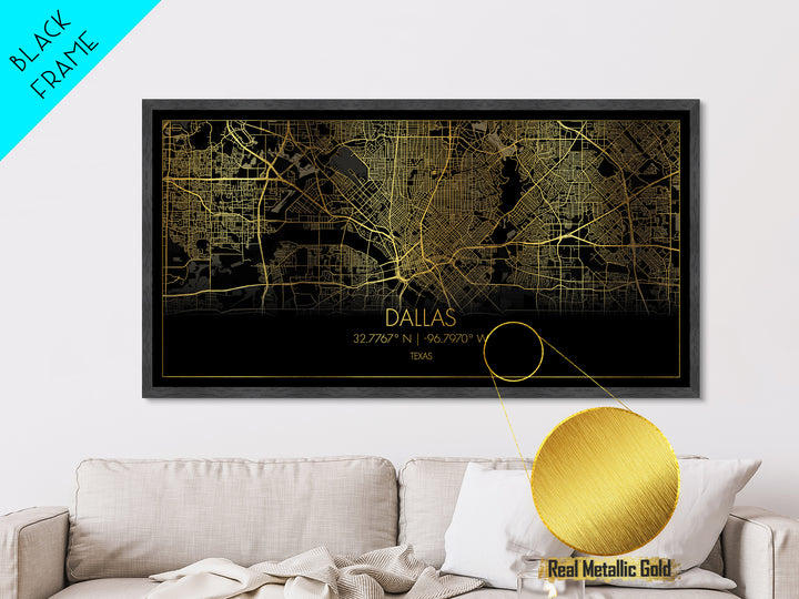 Dallas Texas City street map, Metallic Gold Print, Metal Art, wood framed map, black and gold, Street Map Wall Art, College Dorm Décor, Minimalist Wall Art