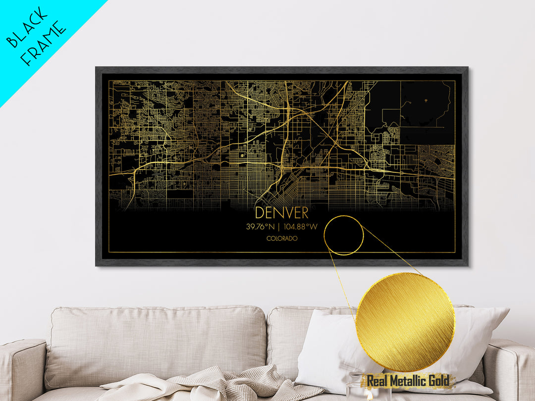 Denver Colorado City street map, Metallic Gold Print, Metal Art, wood framed map, black and gold, Street Map Art, Travel Poster, Modern House Art