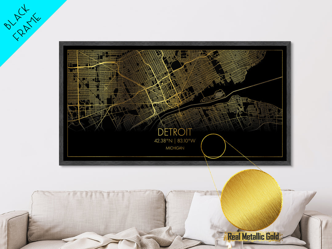 Detroit Michigan City street map, Metallic Gold Print, Metal Art, wood framed map, black and gold, Street Map Art, Map Print Poster