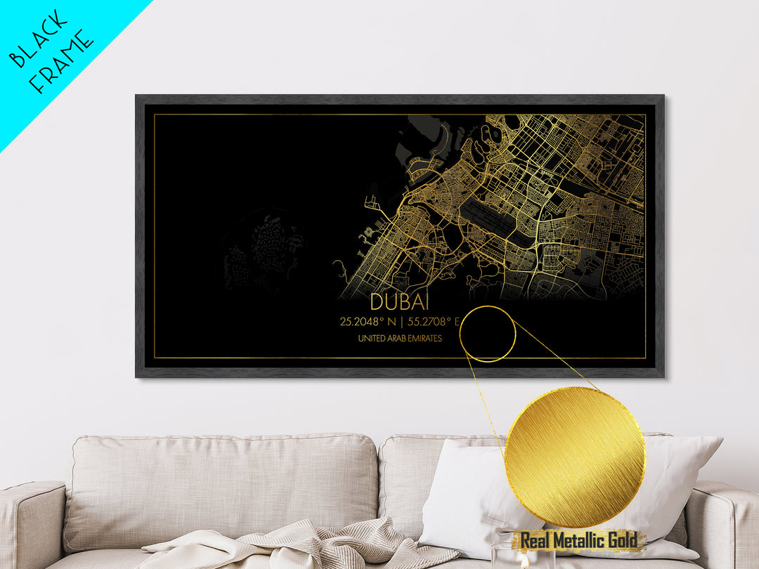 Dubai United Arab Emirates City Poster, Metallic Gold Art, Metal Art, real wood frames, black and gold, Street Map Art, Travel Poster, Gold Street Map Art