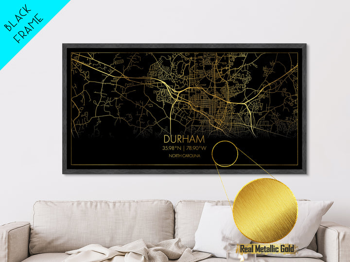 Durham North Carolina City Poster, Metallic Gold Art, Metal Art, real wood frames, black and gold, Street Map Art, Minimalist Wall Art, Office Decor
