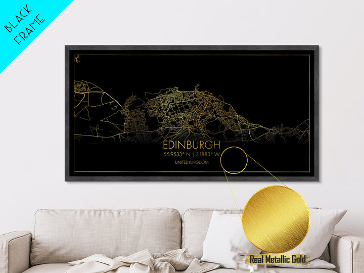 Edinburgh United Kingdom City street map, Metallic Gold Print, Metal Art, wood framed map, black and gold, Street Map Art, Travel Poster, Modern Wall Art
