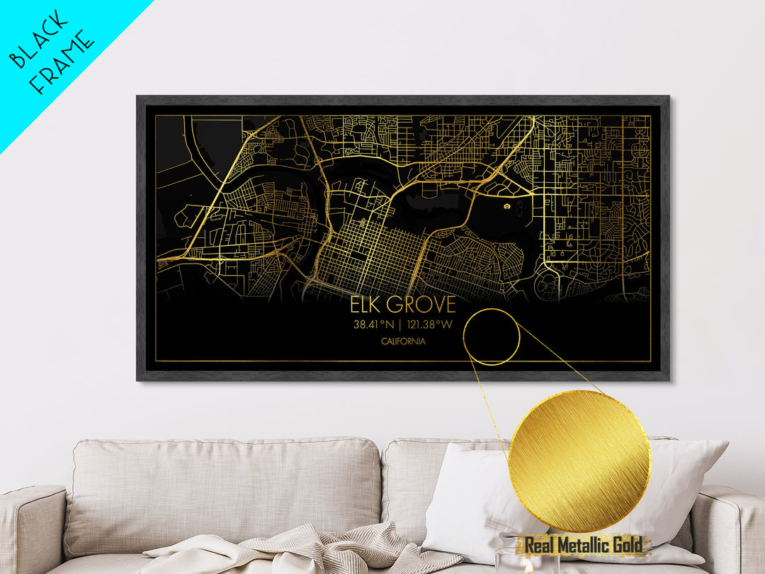 Elk Grove California City Poster, Metallic Gold Art, Metal Art, real wood frames, black and gold, Street Map Wall Art, Office Decor
