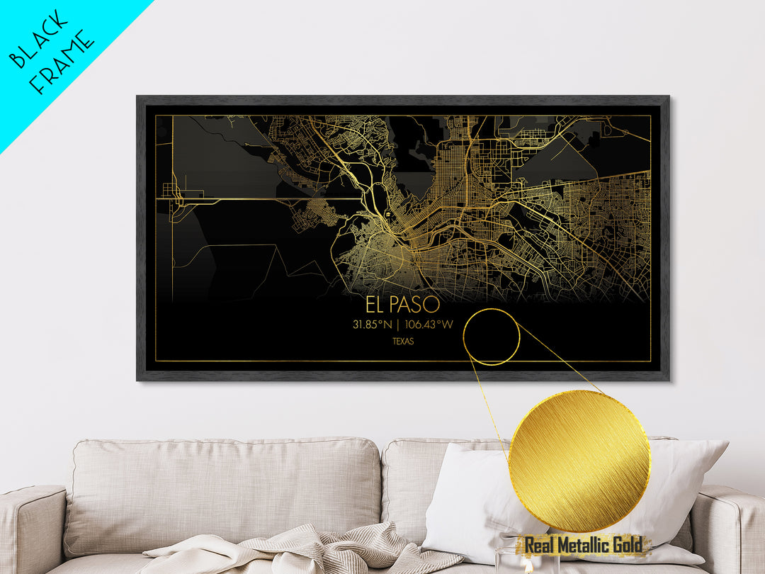 El Paso Texas City street map, Metallic Gold Print, Metal Art, wood framed map, black and gold, Street Map Art, Housewarming Gift