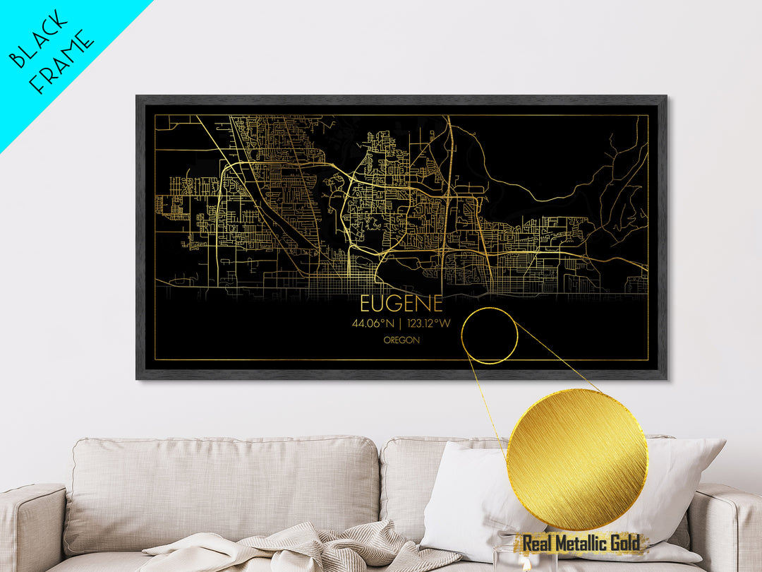 Eugene Oregon City Poster, Metallic Gold Art, Metal Art, real wood frames, black and gold, Travel Poster, Street Map Wall Art, Real Wood Frames