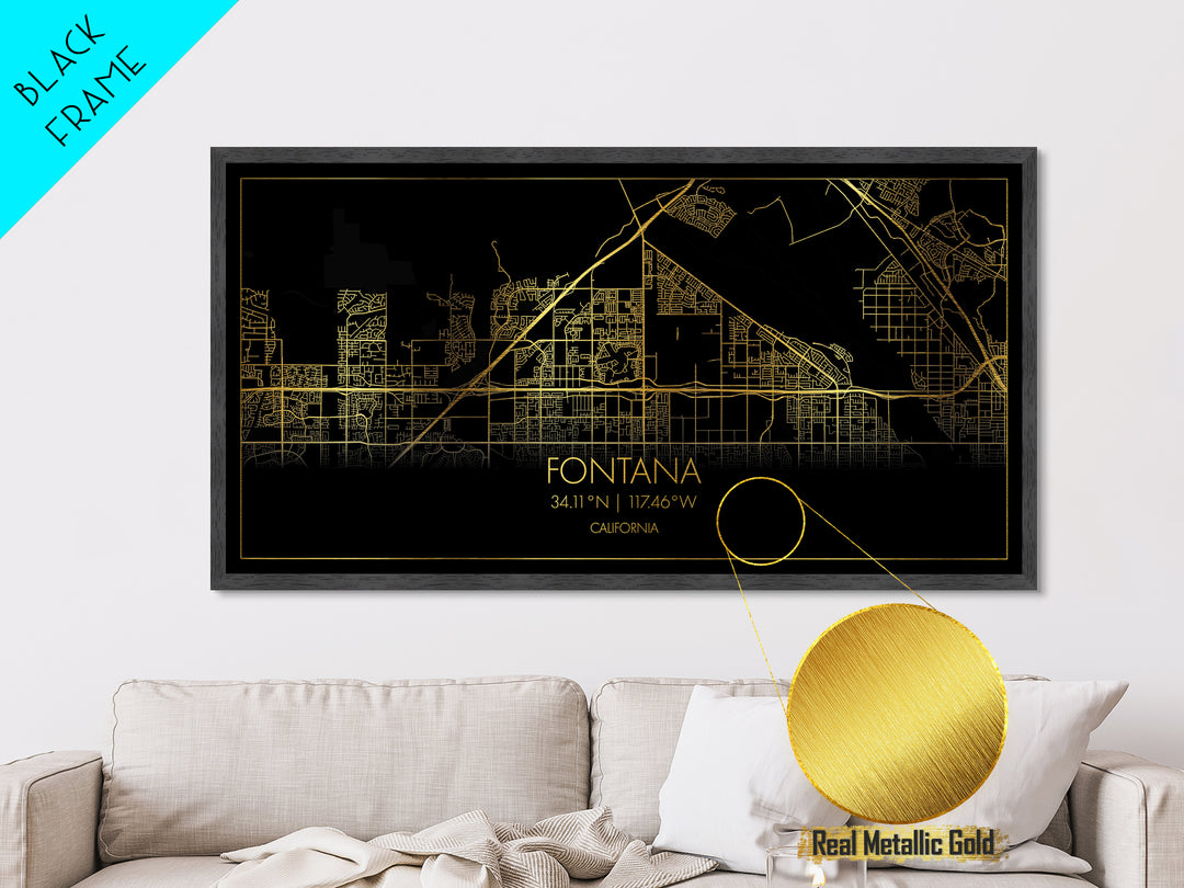 Fontana California City Poster, Metallic Gold Art, Metal Art, real wood frames, black and gold, Street Map Wall Art, Gold Street Map Art