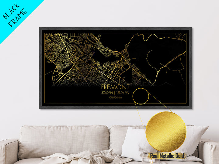 Fremont California City Poster, Metallic Gold Art, Metal Art, real wood frames, black and gold, Street Map Wall Art, Best Friend Gifts