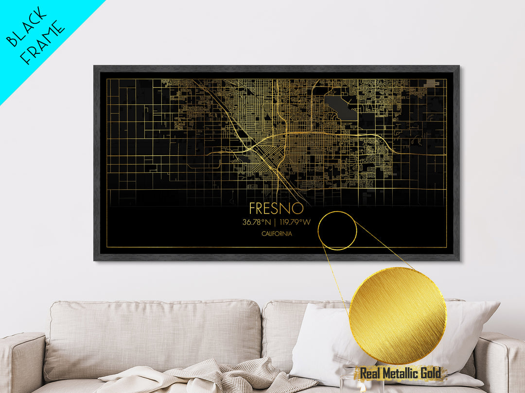Fresno California City street map, Metallic Gold Print, Metal Art, wood framed map, black and gold, Street Map Art, Map Print Poster