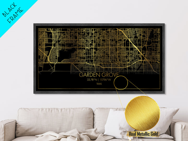 Garden Grove California City street map, Metallic Gold Print, Metal Art, wood framed map, black and gold, Street Map Art, Gold Street Map Art